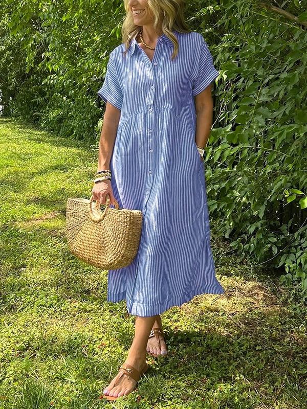 Alory - Cómodo Vestido Midi a Rayas Con Botones
