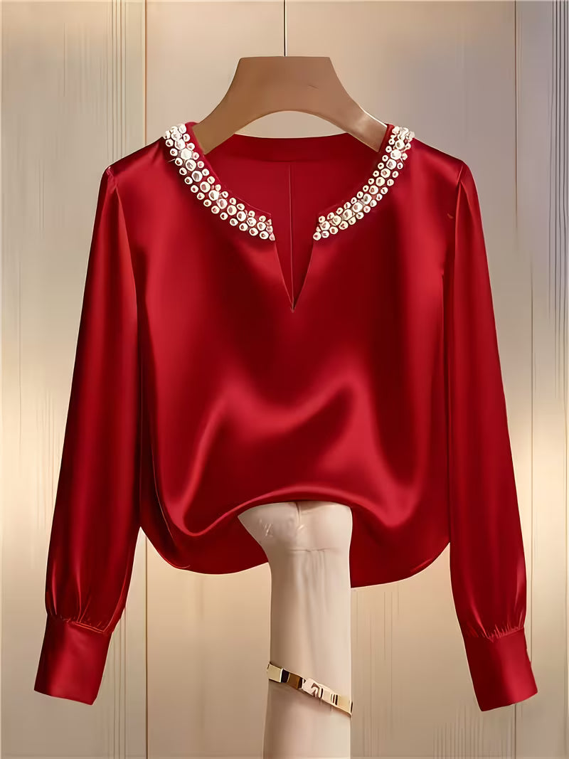 Avinaya - Elegante Camisa de Manga Larga Con Cuello Redondo y Perlas