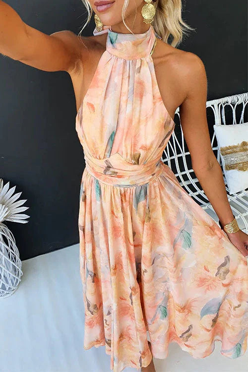 Faina - Vestido Largo Con Cuello Halter y Estampado Acuarela