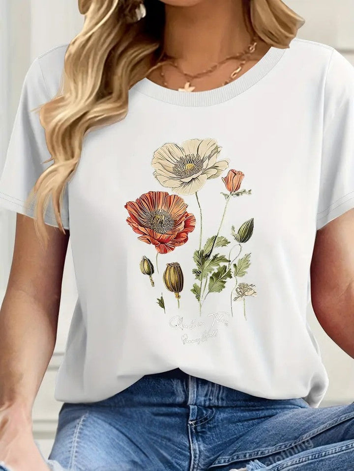 Aimilia - Elegante Camiseta De Manga Corta Con Estampado Floral