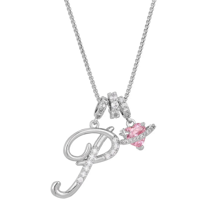 Nerute - Collar Con Inicial y Colgante de Corazón Rosa