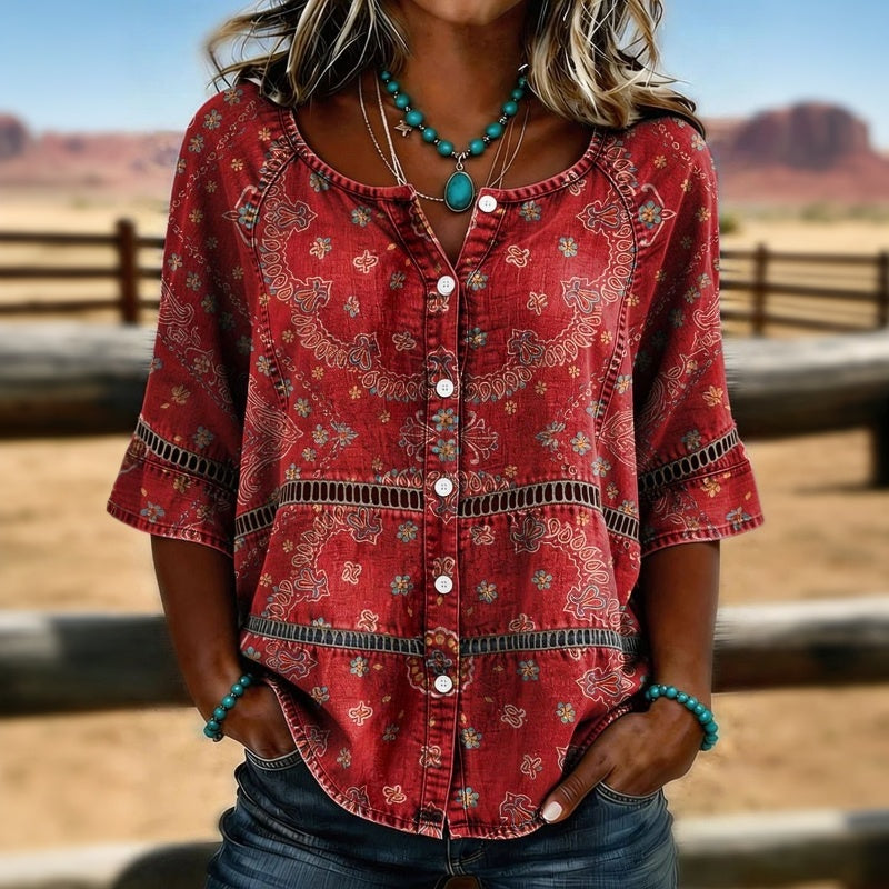 Christien - Blusa Vintage con Estampado étnico