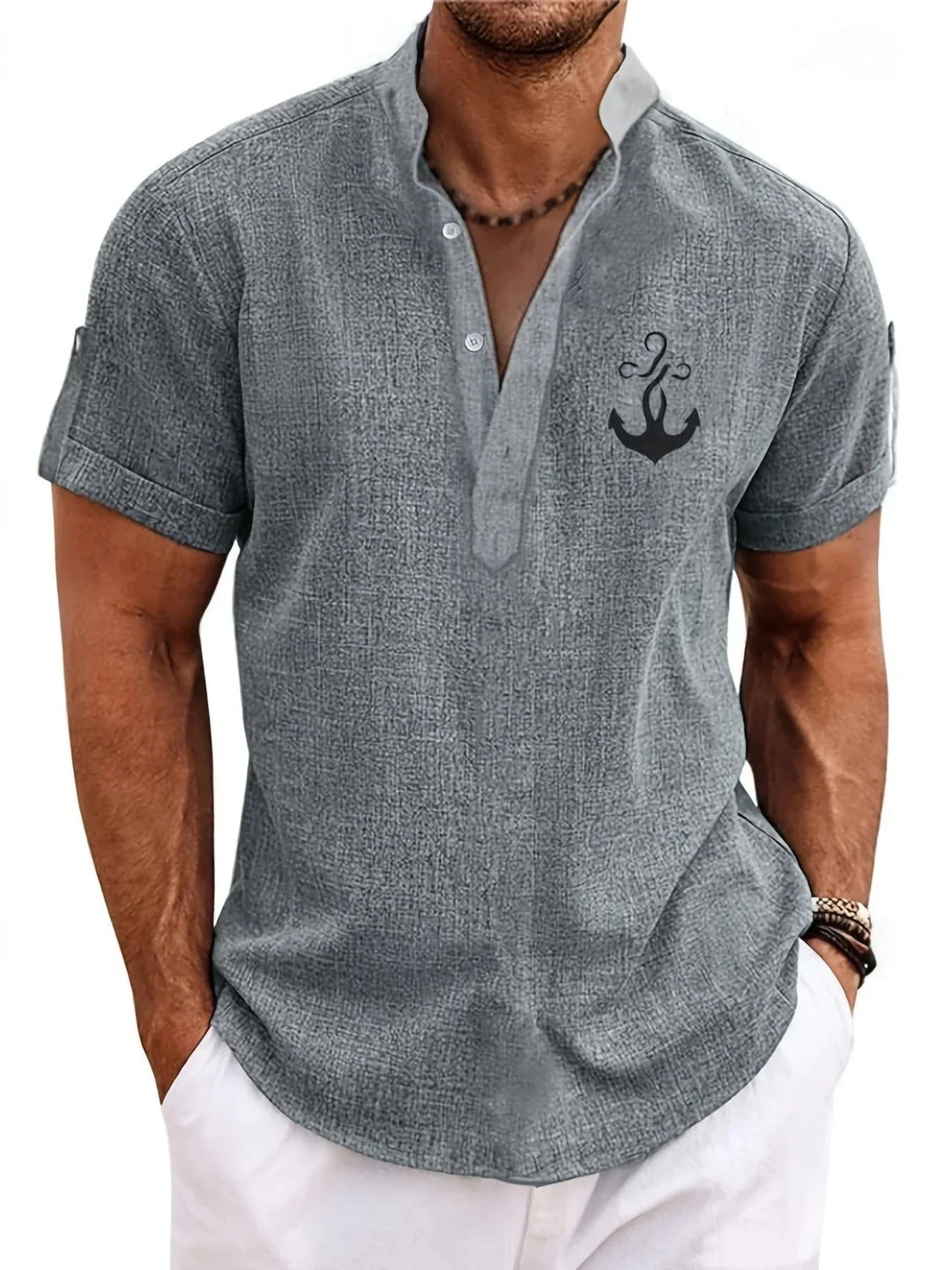 Elliott - Elegante Manga Corta Camisa Con Cuello Alto