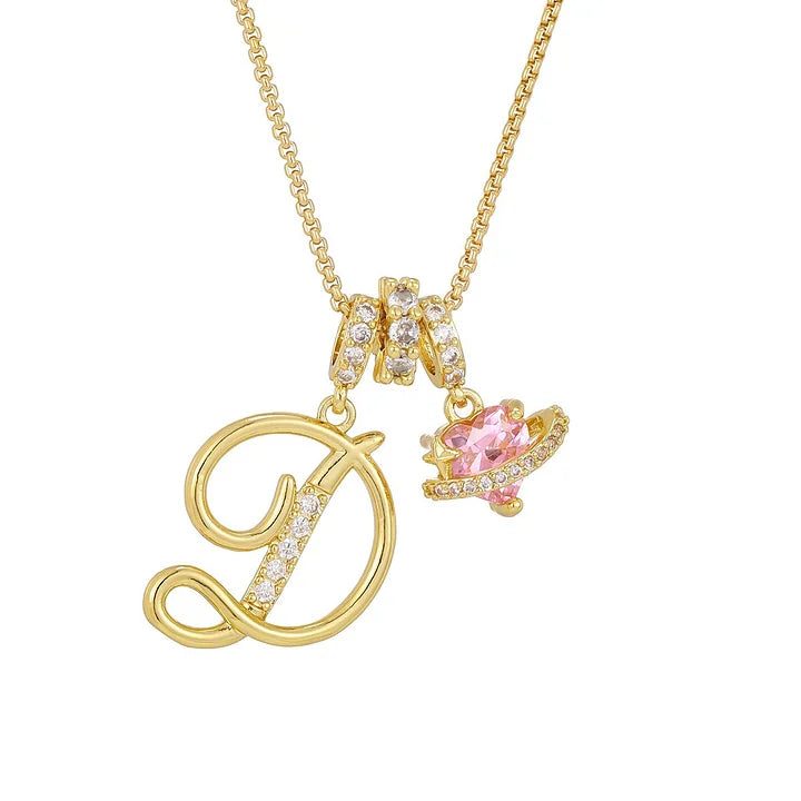 Nerute - Collar Con Inicial y Colgante de Corazón Rosa