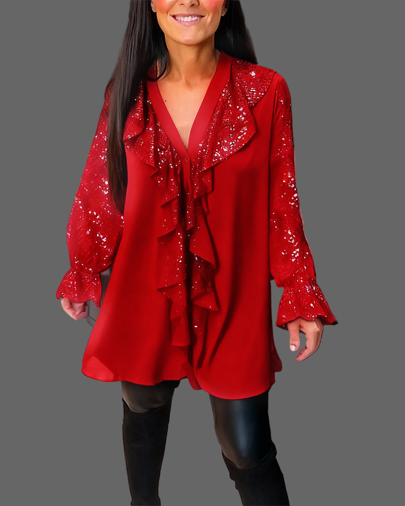 Moxie - Blusa con Volantes y Lentejuelas Brillantes con Cuello en V
