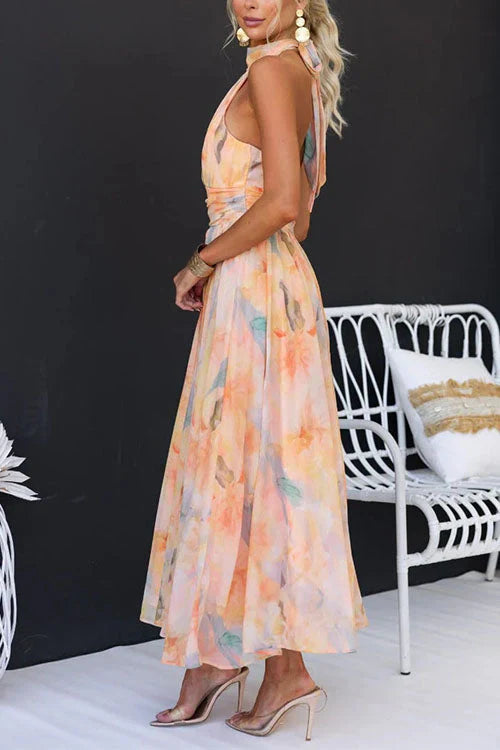 Faina - Vestido Largo Con Cuello Halter y Estampado Acuarela