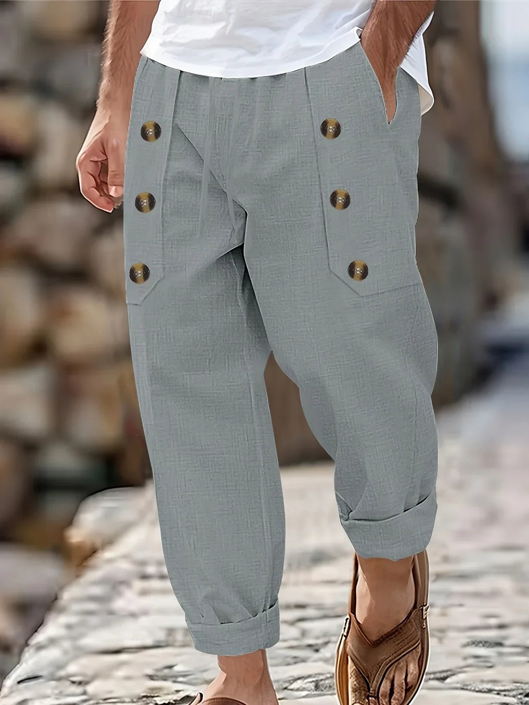 Beslan - Pantalones Elegantes De Pierna Recta Con Botones Dorados