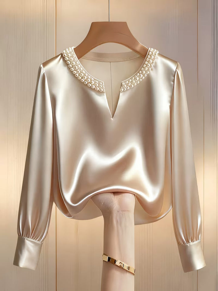 Avinaya - Elegante Camisa de Manga Larga Con Cuello Redondo y Perlas
