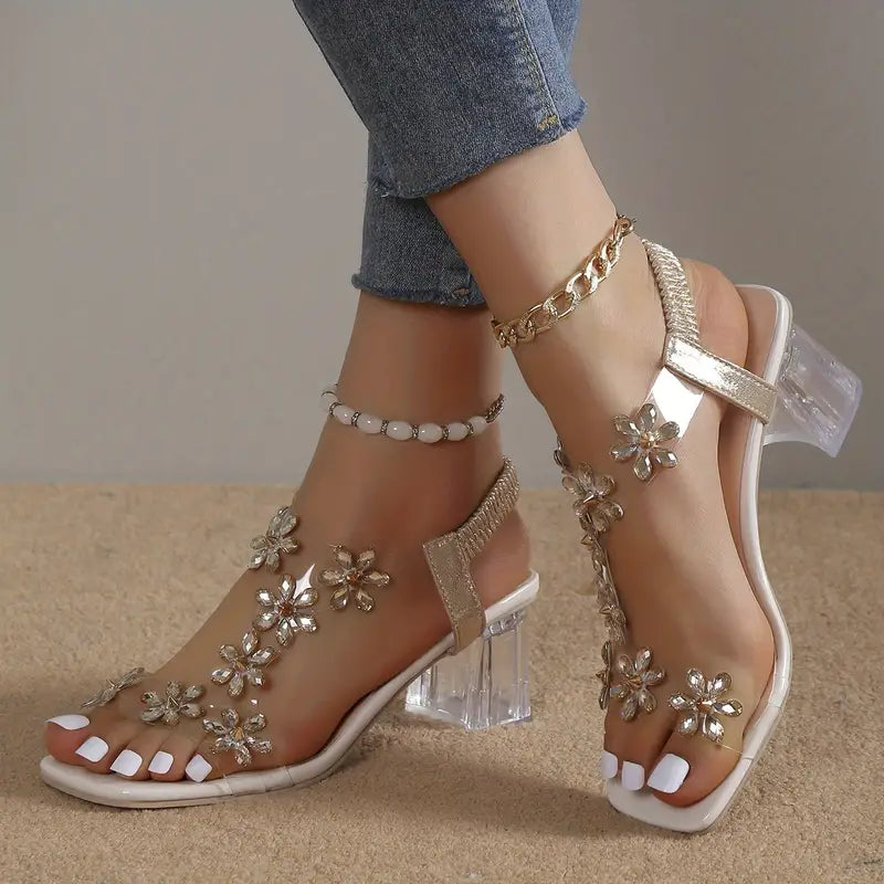 Graciela - Sandalias De Tacón Alto Con Cristales Florales