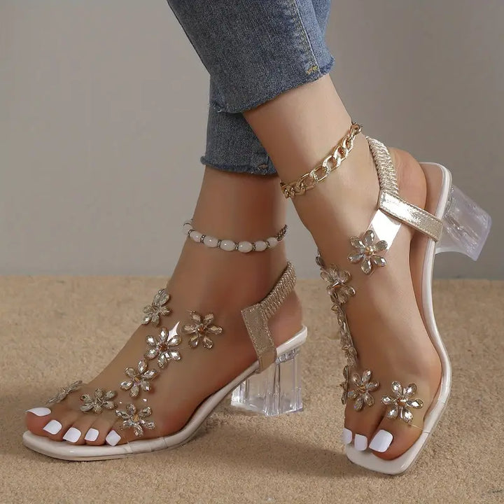 Graciela - Sandalias De Tacón Alto Con Cristales Florales