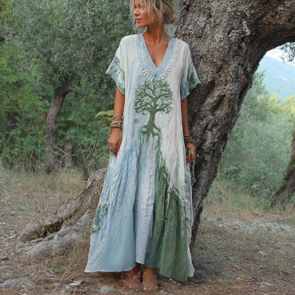 Winifred - Vestido De Manga Corta Con Estampado De Arboles Retro