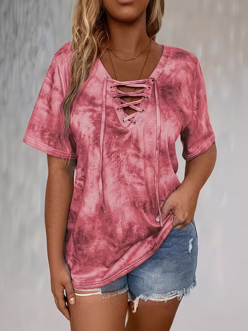 Rihanna - Camiseta Con Cuello en V y Cordones En Estilo Teñido Anudado