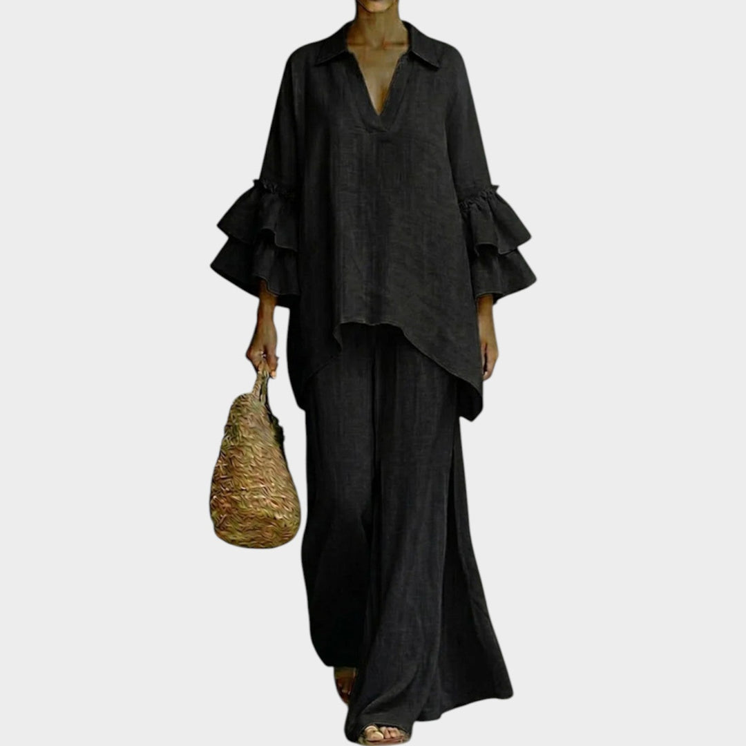 Fien - Elegante Top De Lino Y Pantalón Holgado De Pierna Ancha