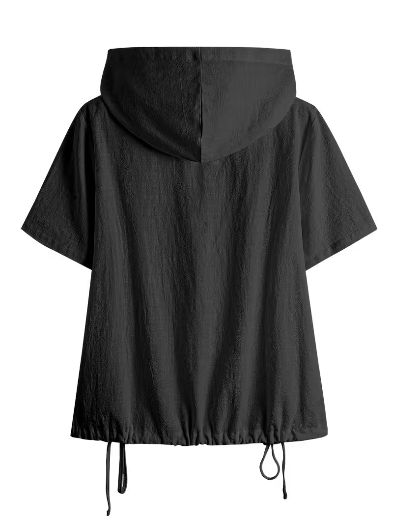 Bouchra - Camisa Holgada De Manga Corta De Color Liso Con Capucha Y Botones en La Parte Delantera