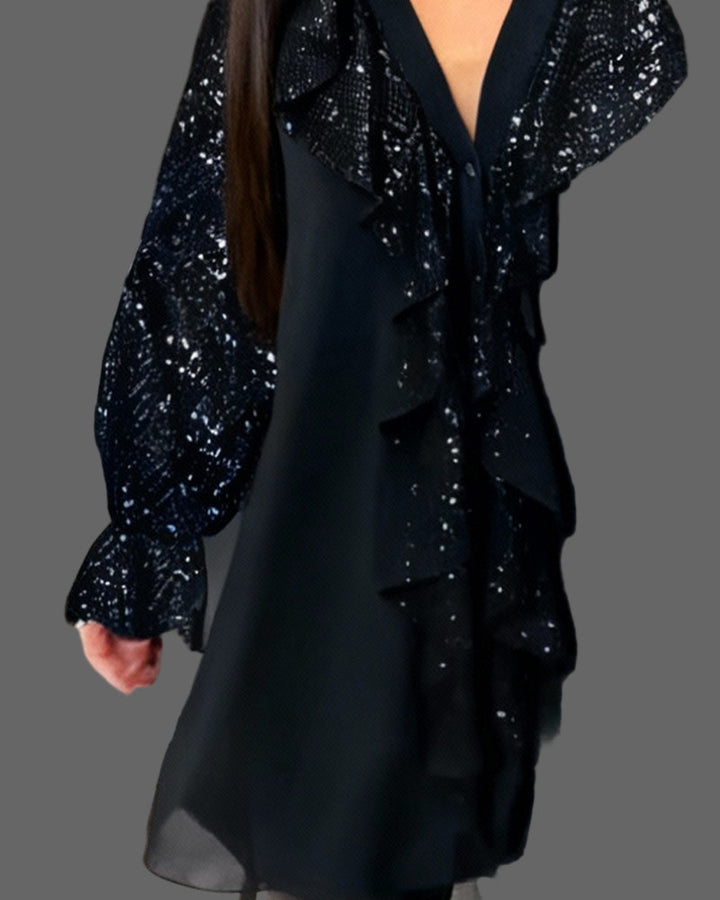 Moxie - Blusa con Volantes y Lentejuelas Brillantes con Cuello en V