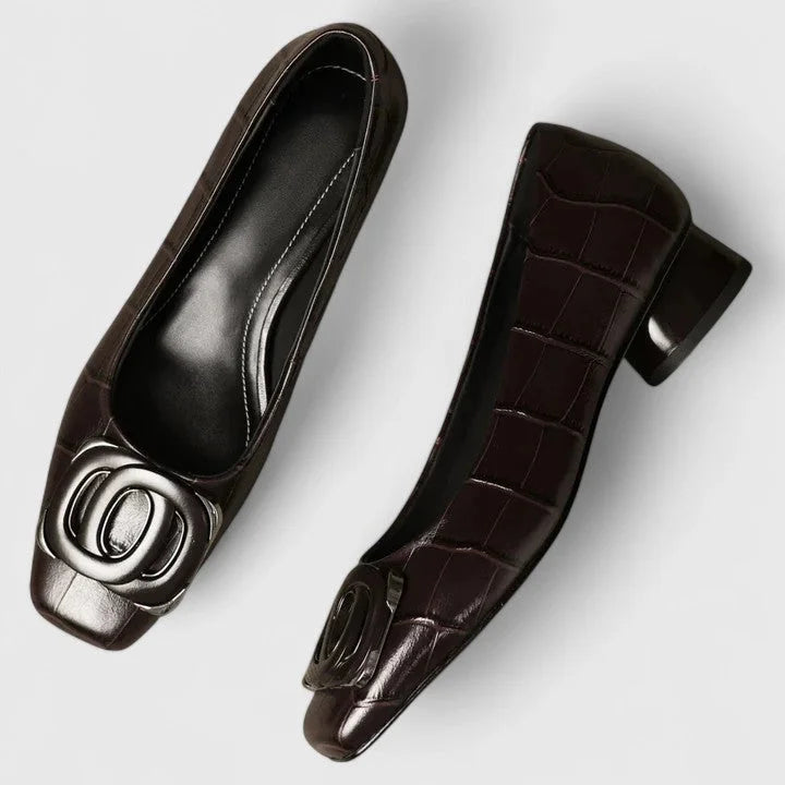 Antia - Elegantes Zapatos Planos Con Puntera Cuadrada Hebilla y Tacón Bajo