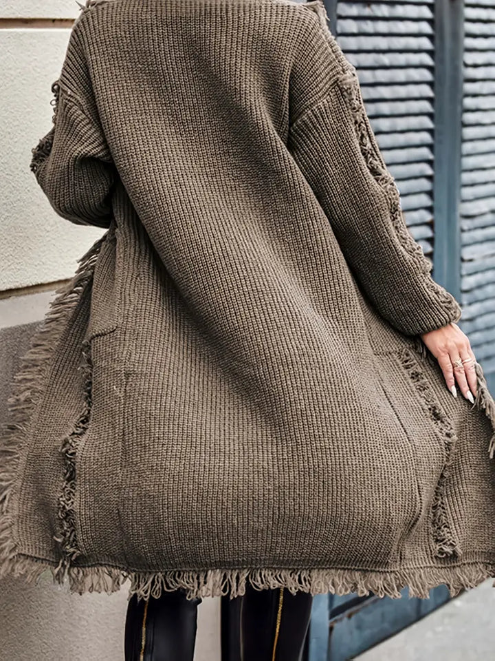 Ramziya - Elegante Borla Larga Cárdigan Con Bolsillo
