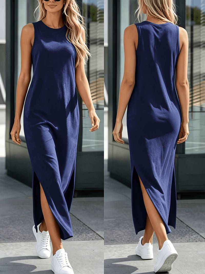 Hadjer - Vestido Informal De Cuello Redondo Con Abertura Lateral