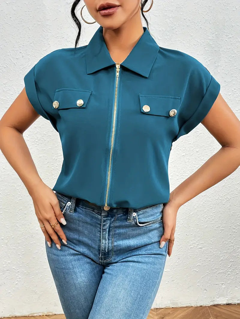Alfano - Elegante Manga Corta Blusa Con Cremallera