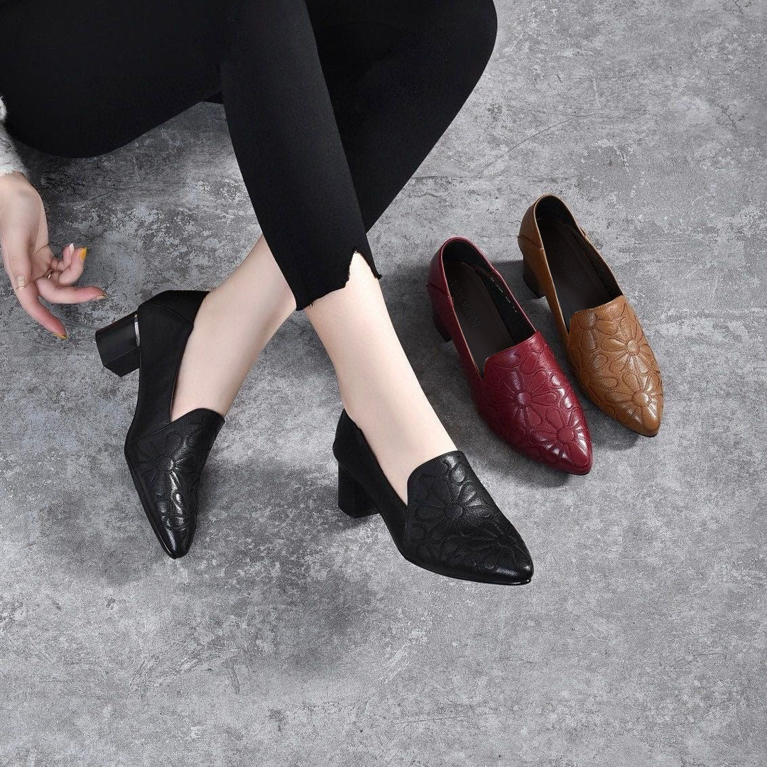 Minhora - Zapatos De Tacón Con Bloque Bordados En Cuero
