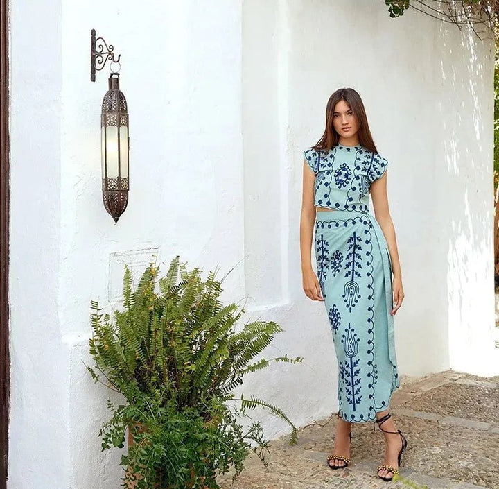 Charitini - Elegante Conjunto De Top Sin Mangas Y Falda Fluida