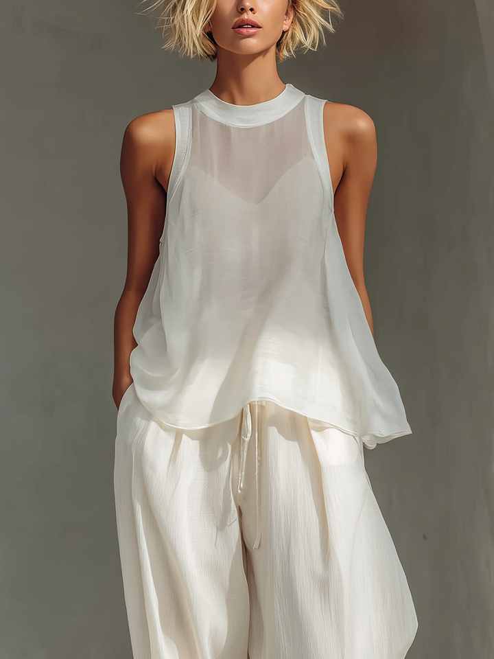 Olivian - Conjunto de top sin Mangas de Gasa y Pantalones de Pierna Ancha