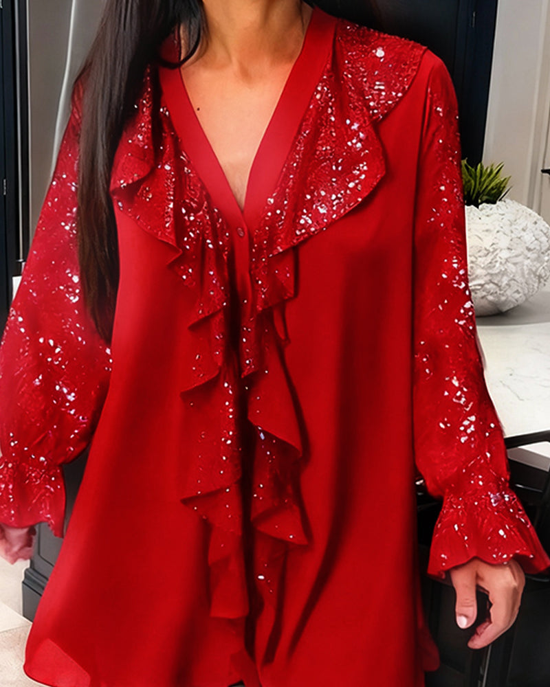 Alexiss - Blusa Con Cuello En V y Volantes Brillantes