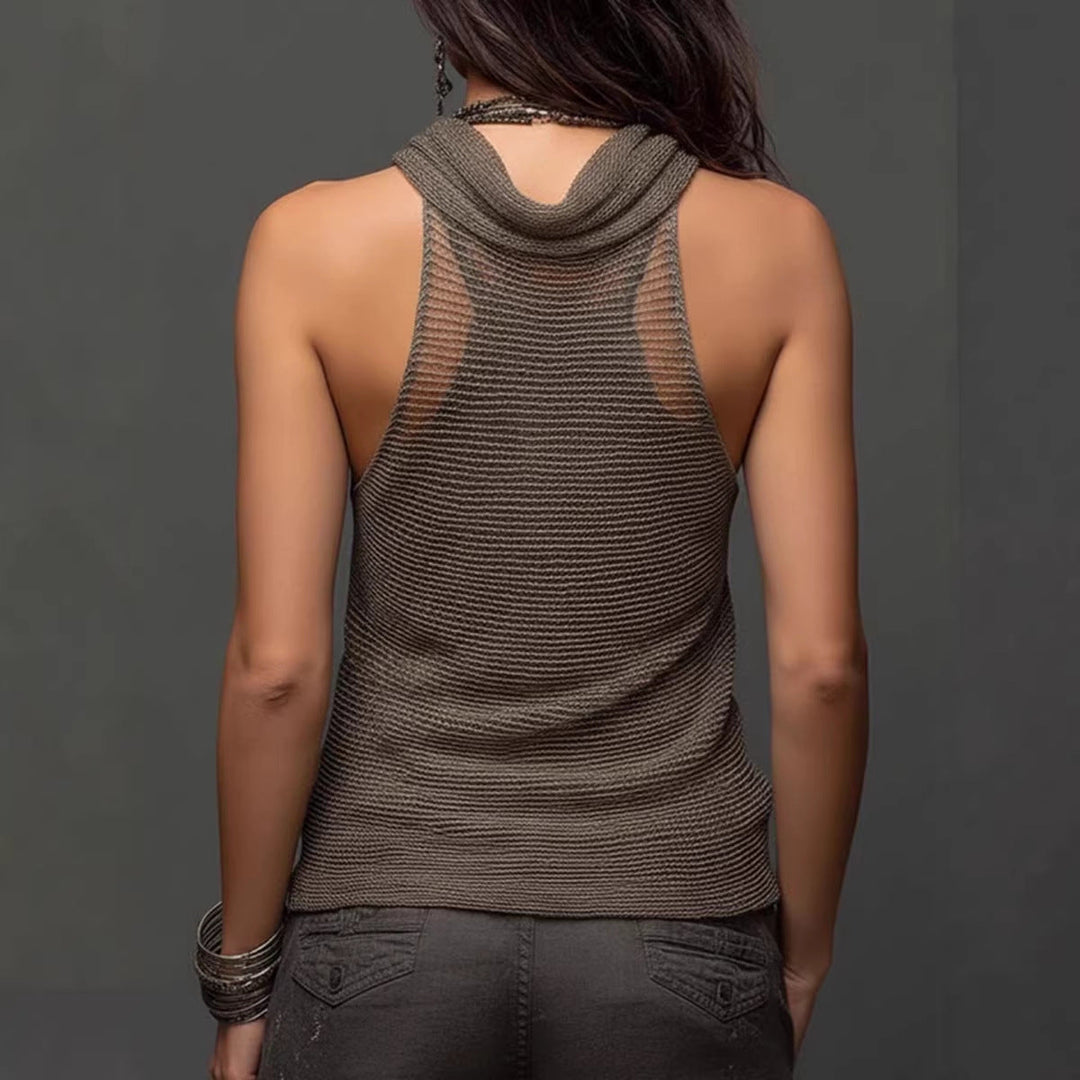 Anjila - Top Halter De Punto De Malla De Doble Capa En Dos Tonos