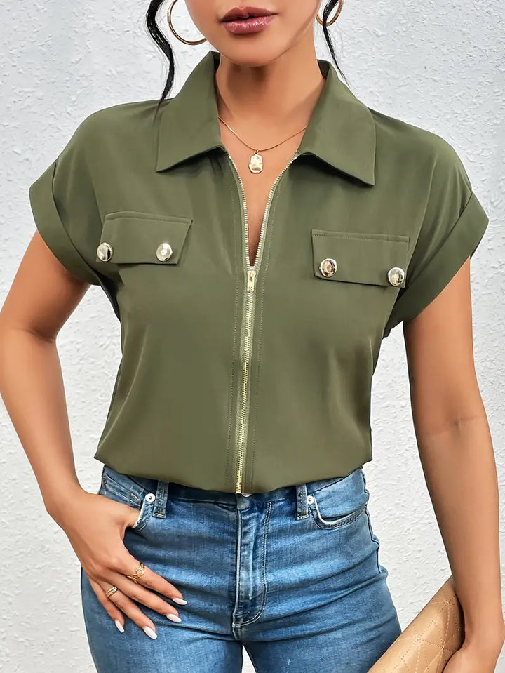 Alfano - Elegante Manga Corta Blusa Con Cremallera