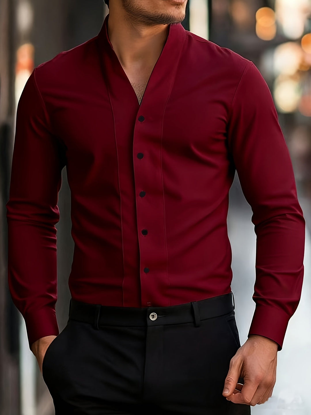 Almasbek - Camisa De Manga Larga Con Cuello en V Y Corte Ajustado