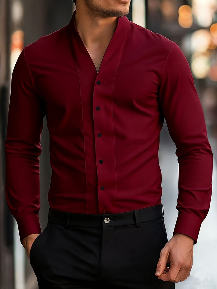 Almasbek - Camisa De Manga Larga Con Cuello en V Y Corte Ajustado