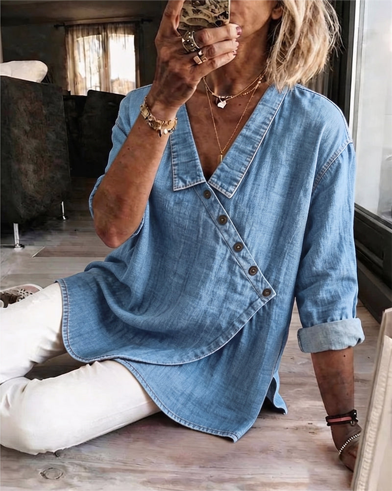 Olizia - Blusa Lisa Con Cuello Abotonado En Diagonal