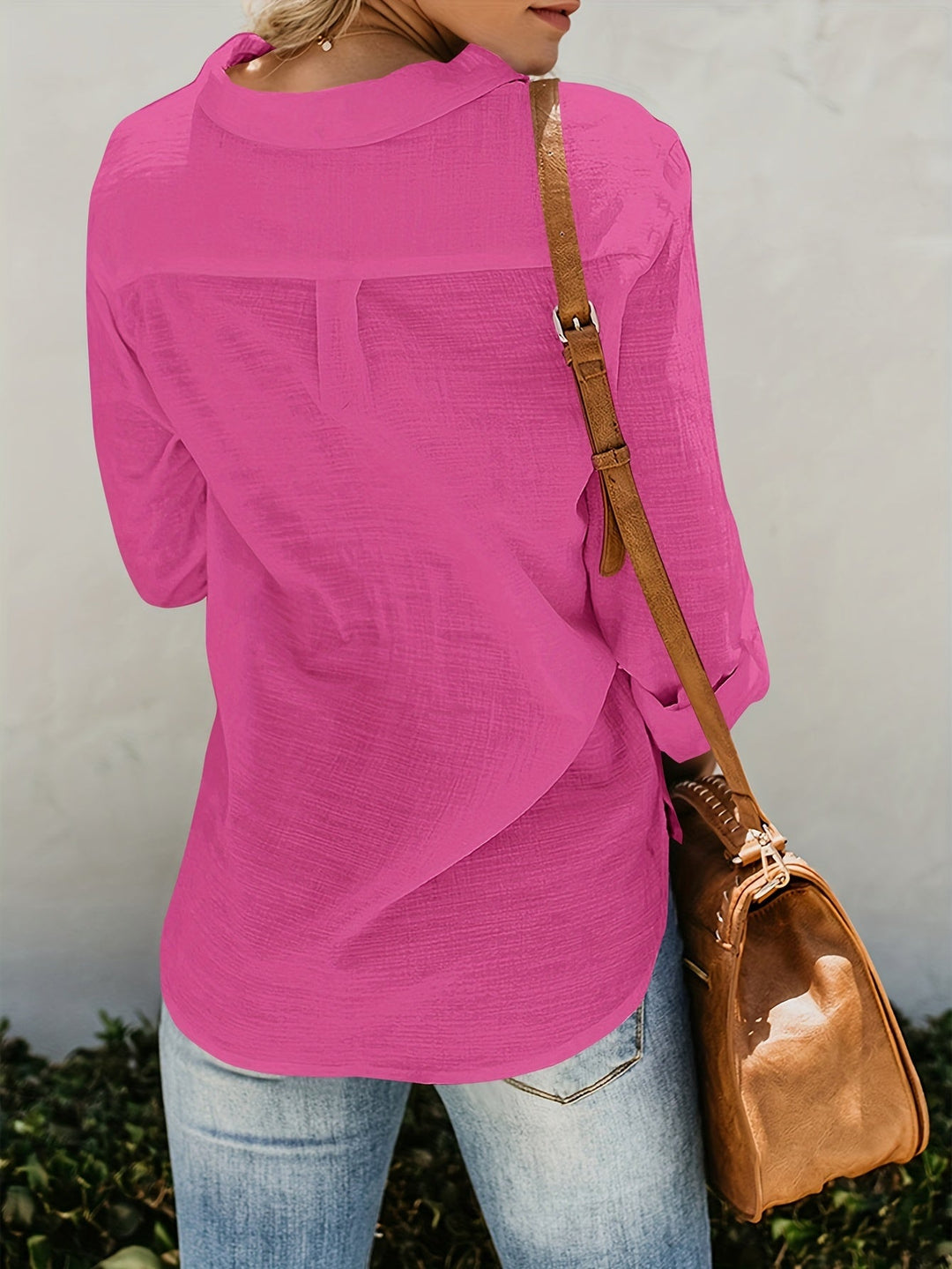 Priscilla - Blusa De Manga Larga Con Cuello En V y Botones En La Parte Delantera