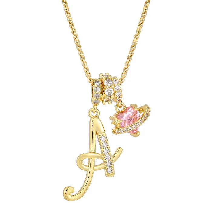 Nerute - Collar Con Inicial y Colgante de Corazón Rosa