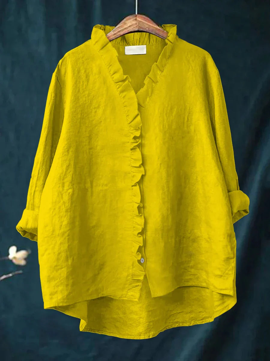Sanela - Camisa Casual de Algodón y Lino con Volantes