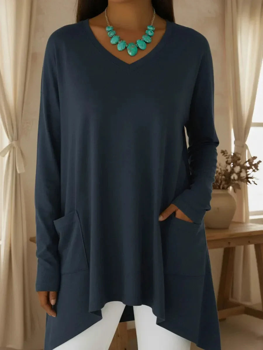 Boglarka - Jersey Holgado Con Cuello En V y Bajo Irregular