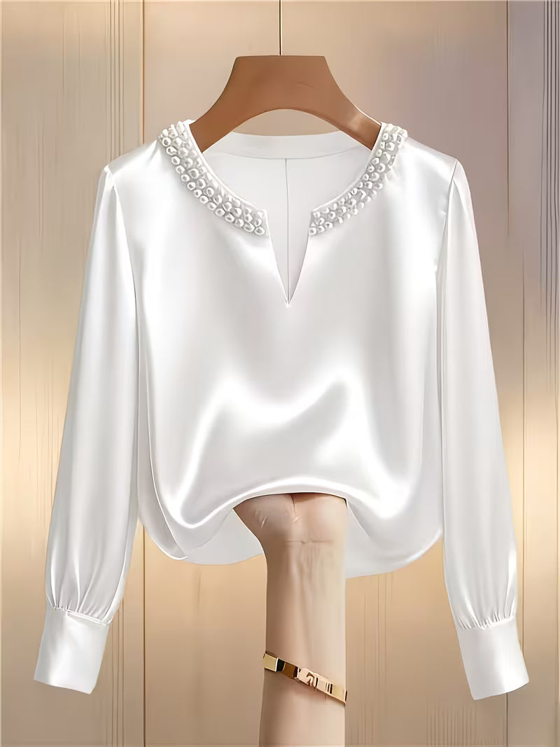 Avinaya - Elegante Camisa de Manga Larga Con Cuello Redondo y Perlas