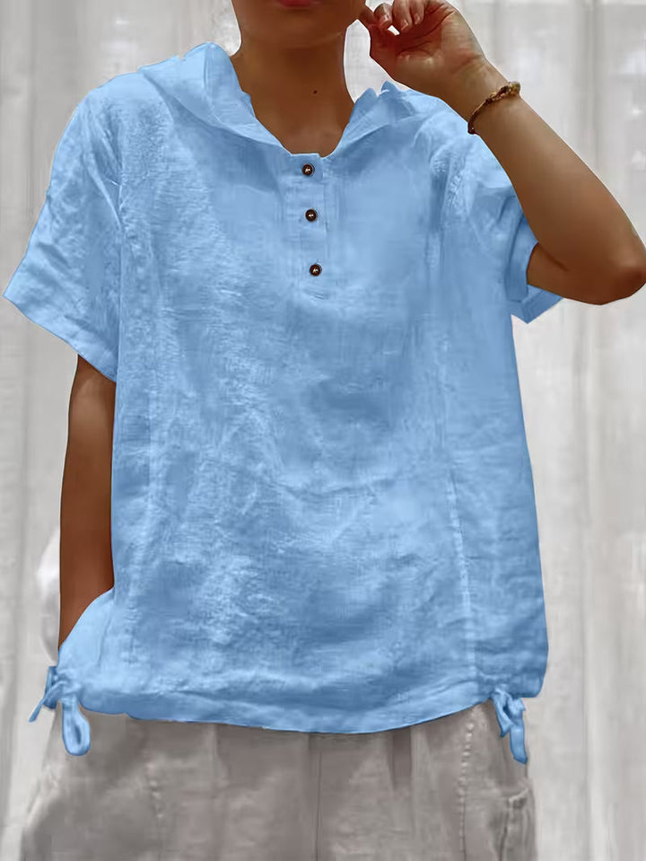 Bouchra - Camisa Holgada De Manga Corta De Color Liso Con Capucha Y Botones en La Parte Delantera