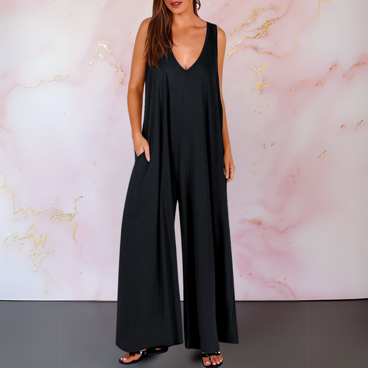 Natasa - Cómodo Mono Con Cuello En V Y Perneras Anchas