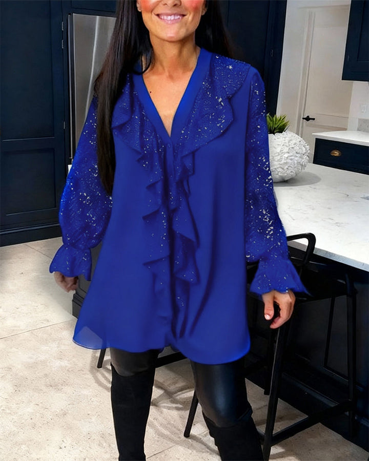 Alexiss - Blusa Con Cuello En V y Volantes Brillantes