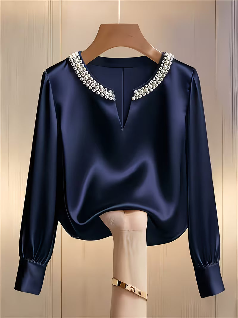 Avinaya - Elegante Camisa de Manga Larga Con Cuello Redondo y Perlas