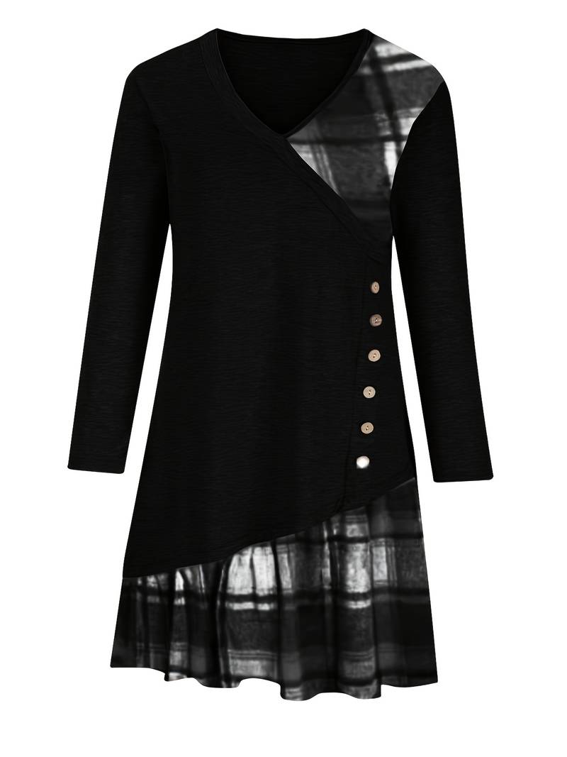 Alinor - Vestido Informal de Manga Larga Con Estampado de Cuadros y Patchwork