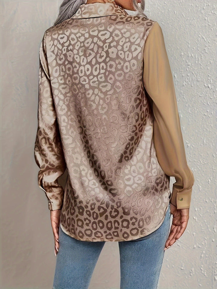 Gwendolyn - Camisa Abotonada De Satén Bicolor Con Estampado De Leopardo En Jacquard