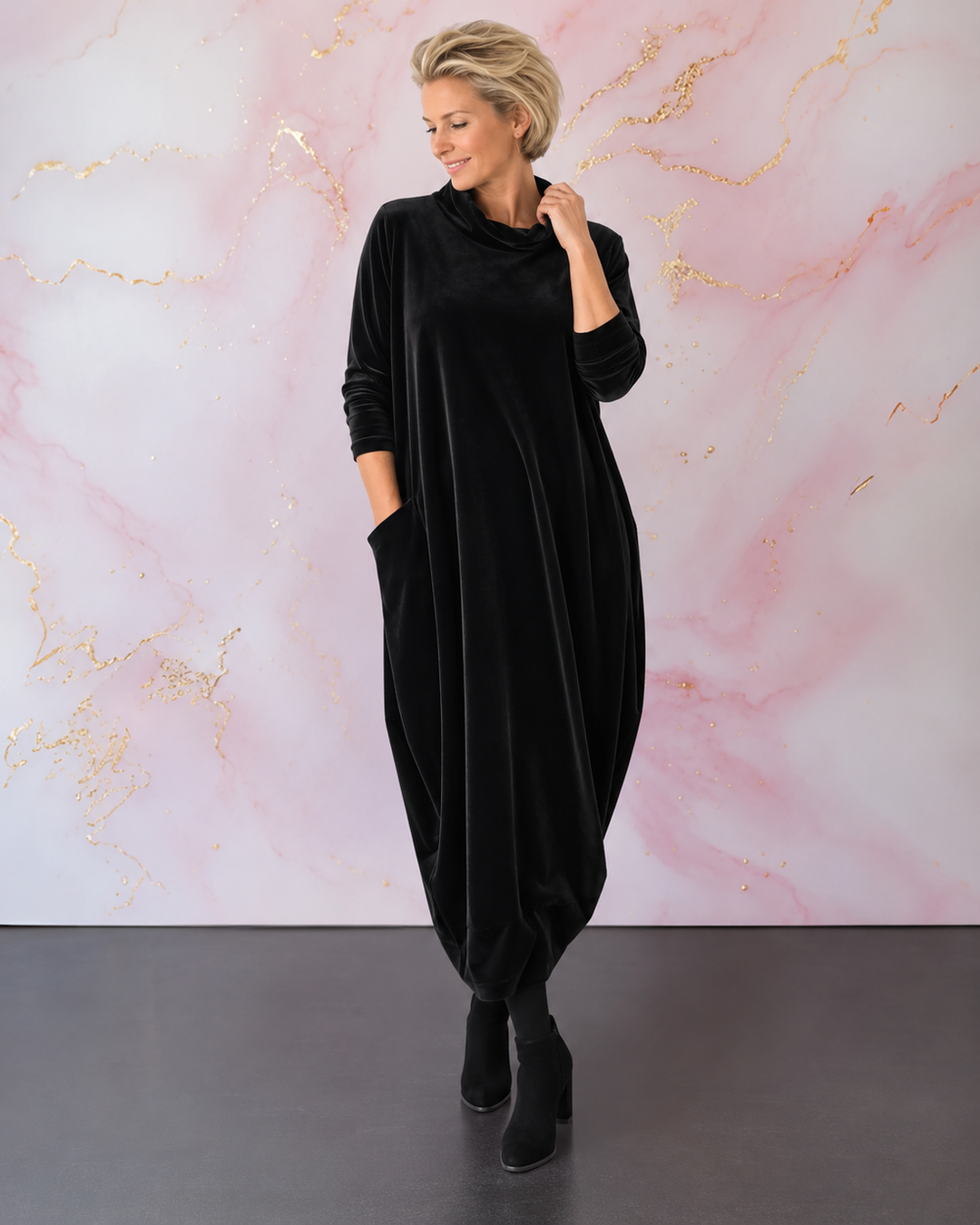 Lellina - Vestido Largo Holgado De Terciopelo Con Cuello Alto