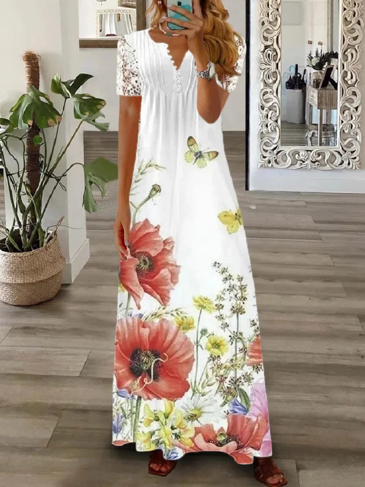 Gerda - Vestido De Manga Corta Con Estampado De Encaje