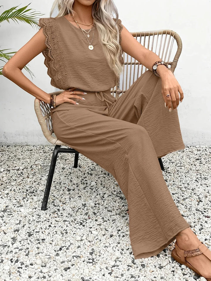 Ziva - Top Elegante De Encaje y Pantalón Ancho