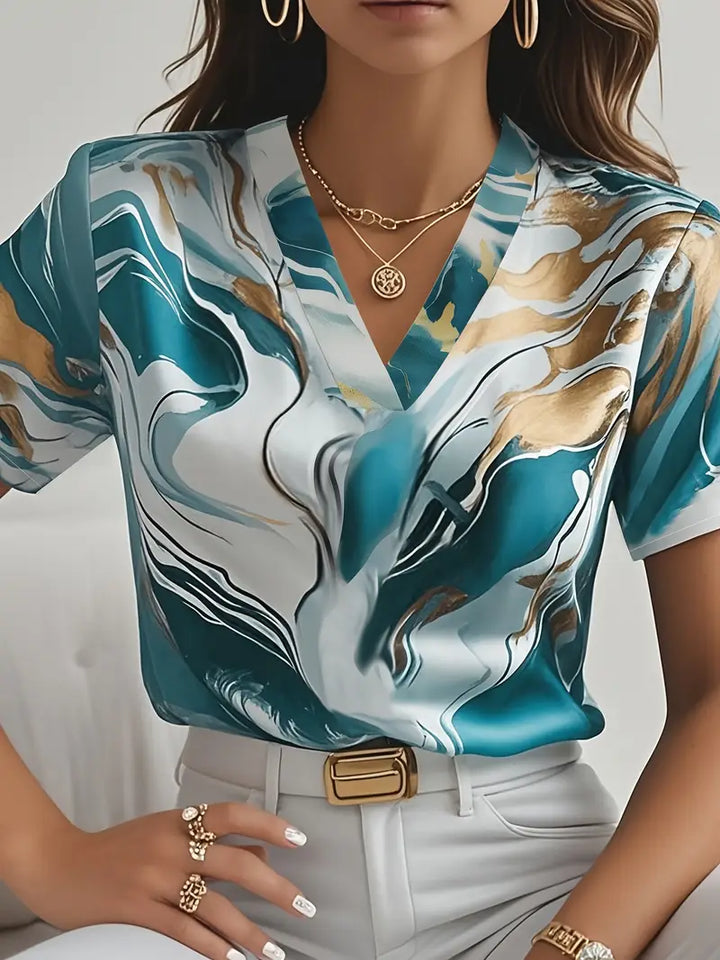 Maroula - Elegante Camisa De Manga Corta Con Estampado De Mármol