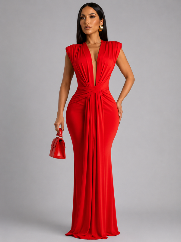 Femke - Vestido Largo Con Cuello en V y Fruncidos