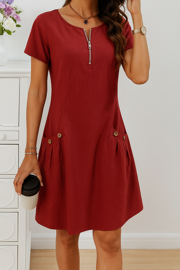 Rudina - Elegante Vestido De Algodón De Manga Corta Con Bolsillos