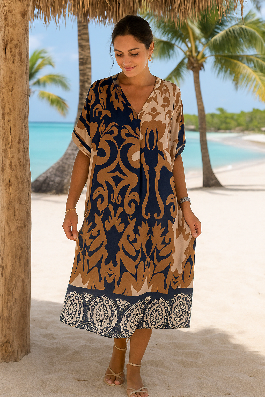 Rilana - Vestido Midi Con Cuello En V y Estampado Holgado